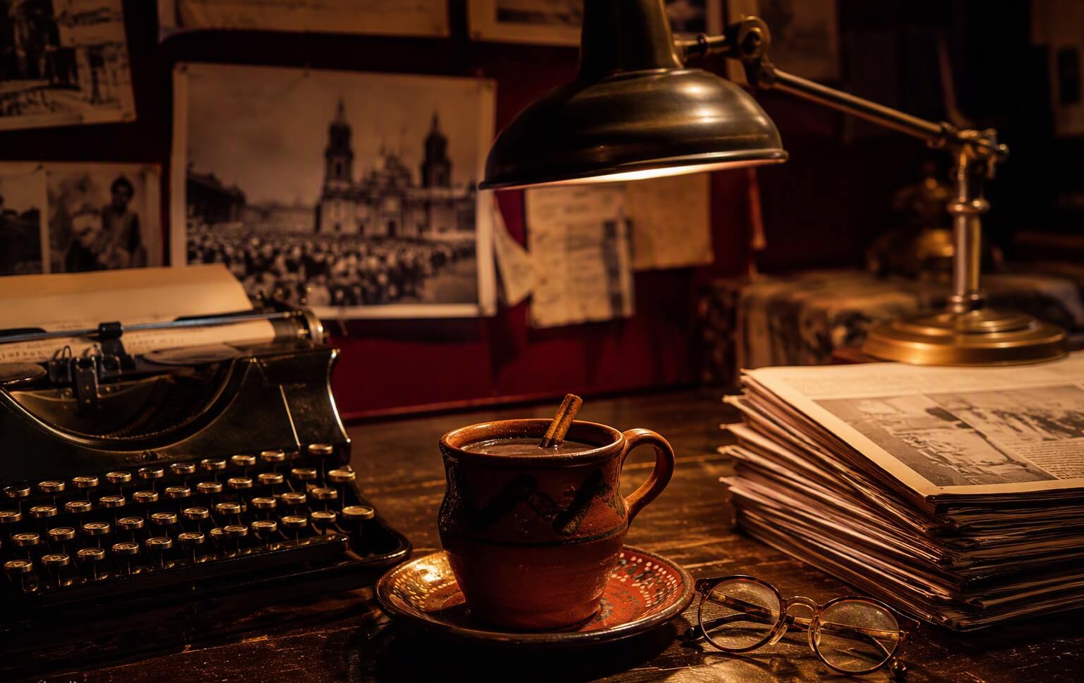 Escritorio de redacción con máquina de escribir, periódicos y café de olla bajo una lámpara cálida